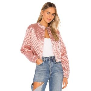Lovers + Friends Kikka Pink Quilted Satin Bomber Jacket